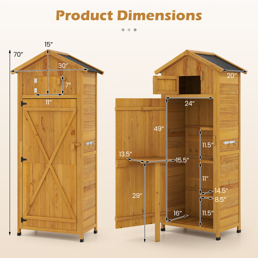 Garden tool storage cabinet dimensions showing lockable doors, foldable table, and detachable shelves for organization.