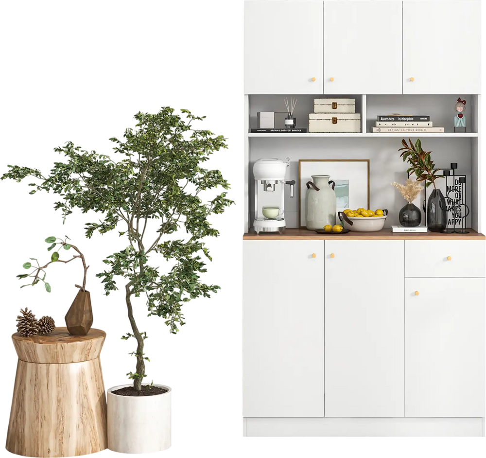 Elegant pantry cabinet with multi-door design, pull-out drawer, and adjustable hinges for a seamless dining room look.
