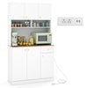 Tall white pantry cabinet with wood-textured countertop, adjustable shelves, and built-in AC outlets for dining room.