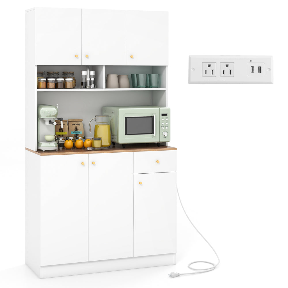 Tall white pantry cabinet with wood-textured countertop, adjustable shelves, and built-in AC outlets for dining room.
