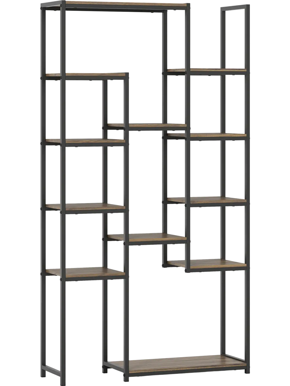 71-inch tall vintage geometric bookshelf with 12 open shelves in walnut finish, ideal for books and decor.
