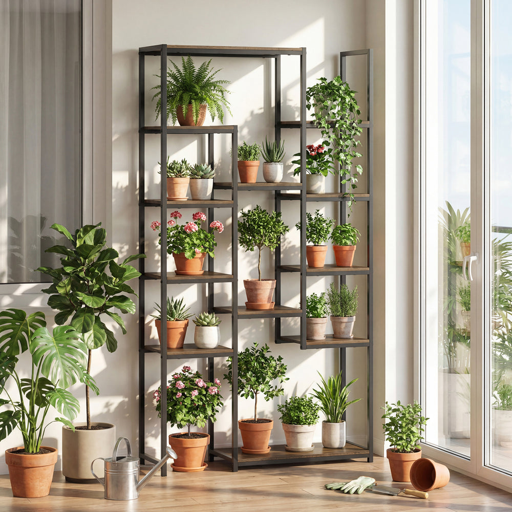 Geometric 71-inch tall bookshelf in walnut finish with 12 open shelves, ideal for plants and decorative items.