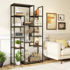 Geometric 71-inch tall walnut bookshelf with 12 open shelves, ideal for books and decor in any living space.