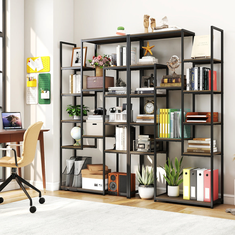 71-inch tall vintage geometric bookshelf with 12 open shelves, walnut finish, ideal for books and decorative items.