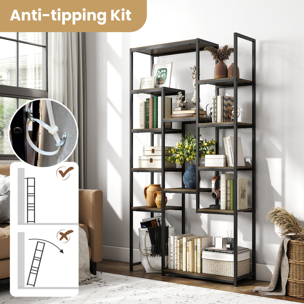 71-inch tall vintage geometric bookshelf with 12 open shelves in walnut finish, featuring an anti-tipping kit for.