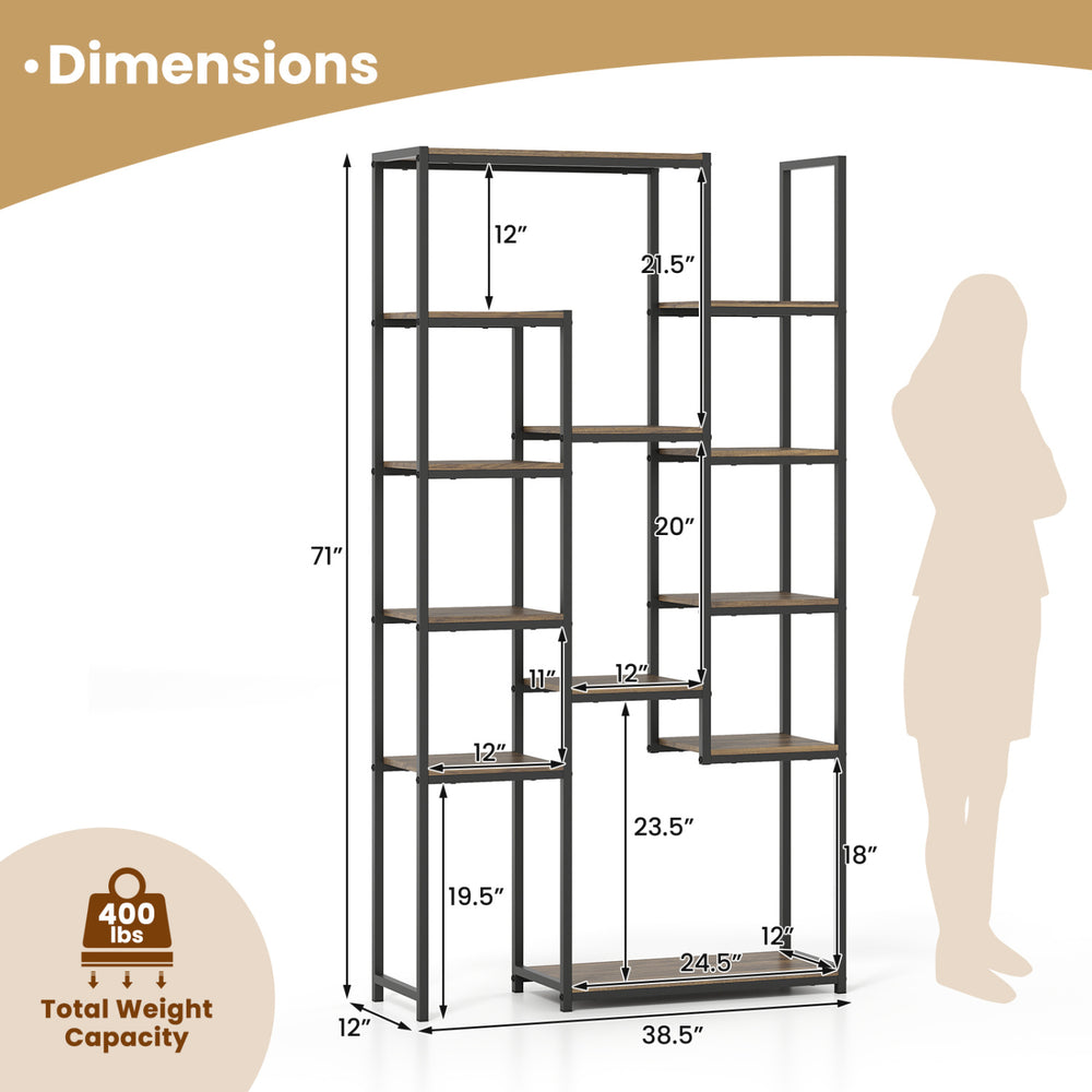 71-inch tall vintage geometric bookshelf with 12 open shelves, walnut finish, ideal for books and decor storage.