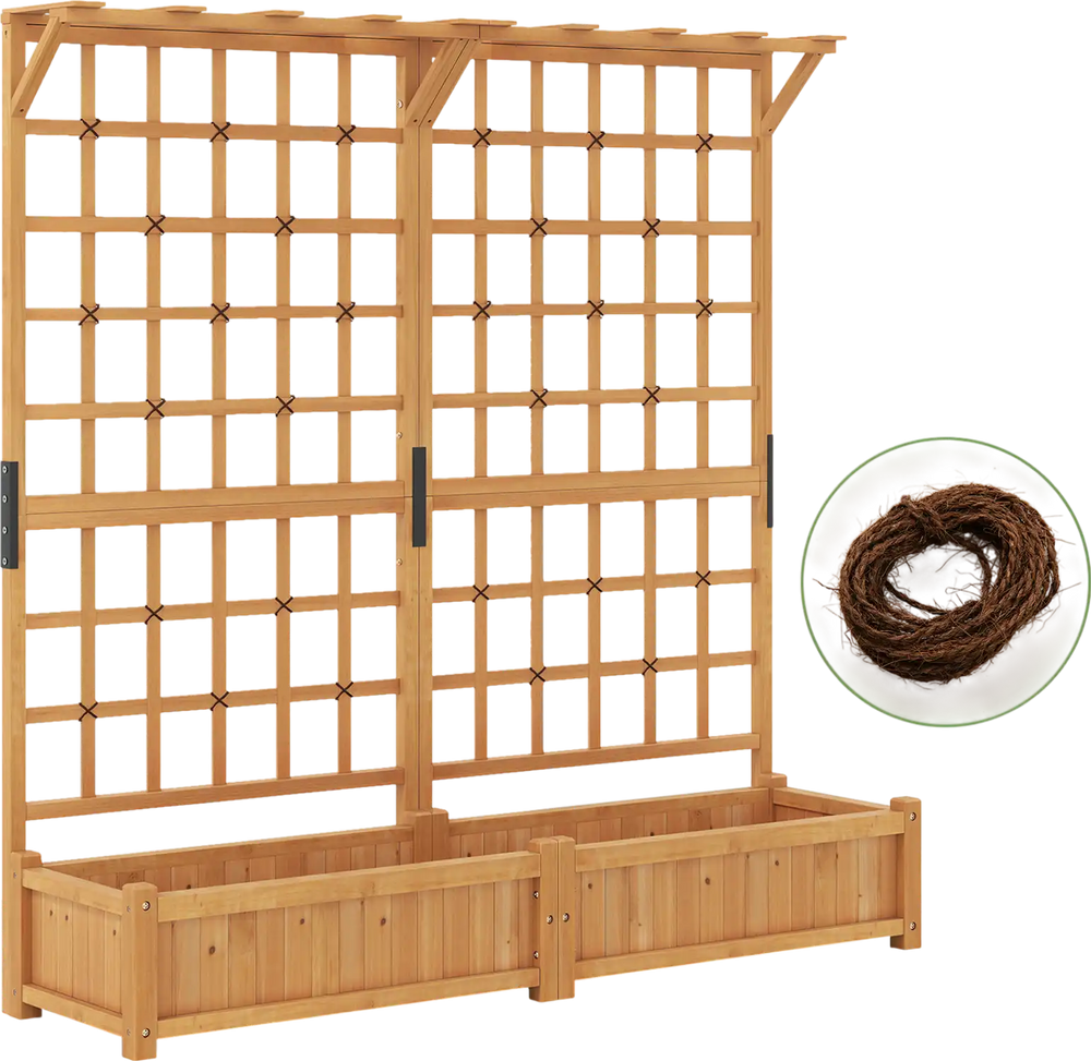 Large wooden planter container with trellis and hanging roof, made of durable fir wood, ideal for climbing plants and.