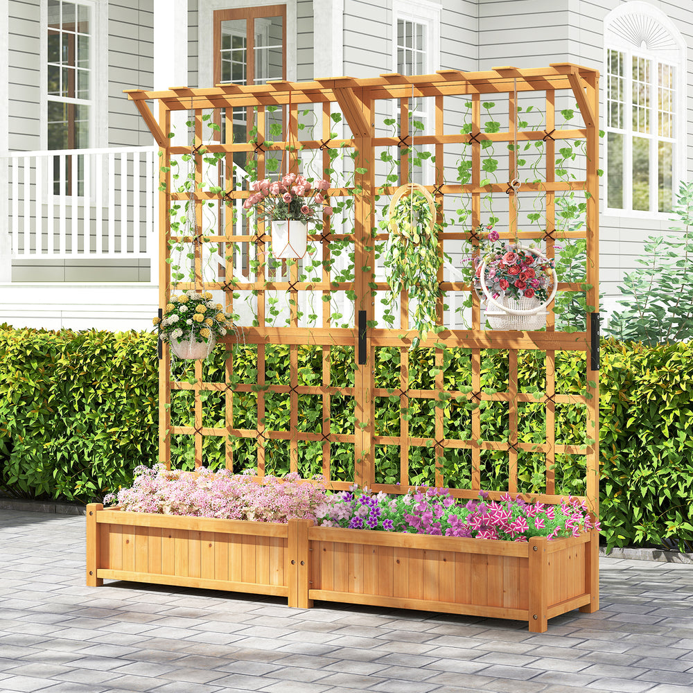Wooden planter container with trellis and hanging roof, featuring stable legs and elegant lattice design for outdoor.
