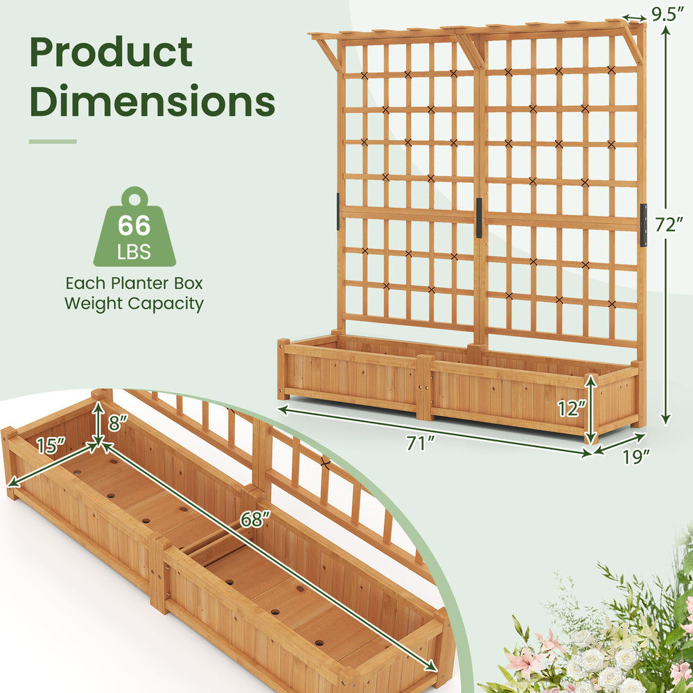 Large wooden planter container with trellis, featuring natural fir wood, for climbing plants and flowers, 71 inches.