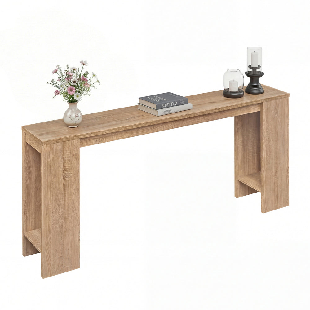 71-inch long console table in natural finish with storage, perfect for hallway organization and farmhouse style decor.