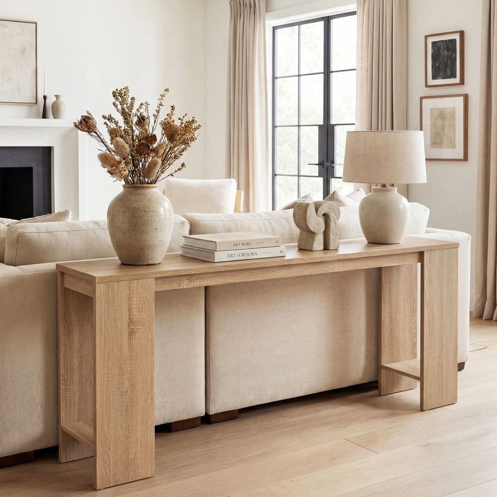 Natural 71-inch console table with storage, showcasing smooth wood grain, ideal for hallway or living room organization.