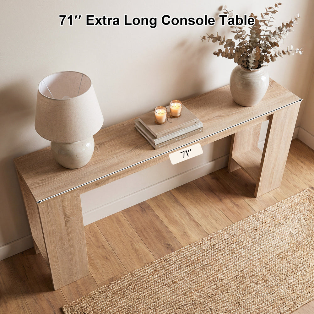 71" extra long console table in natural finish with storage, perfect for hallway organization and farmhouse style.
