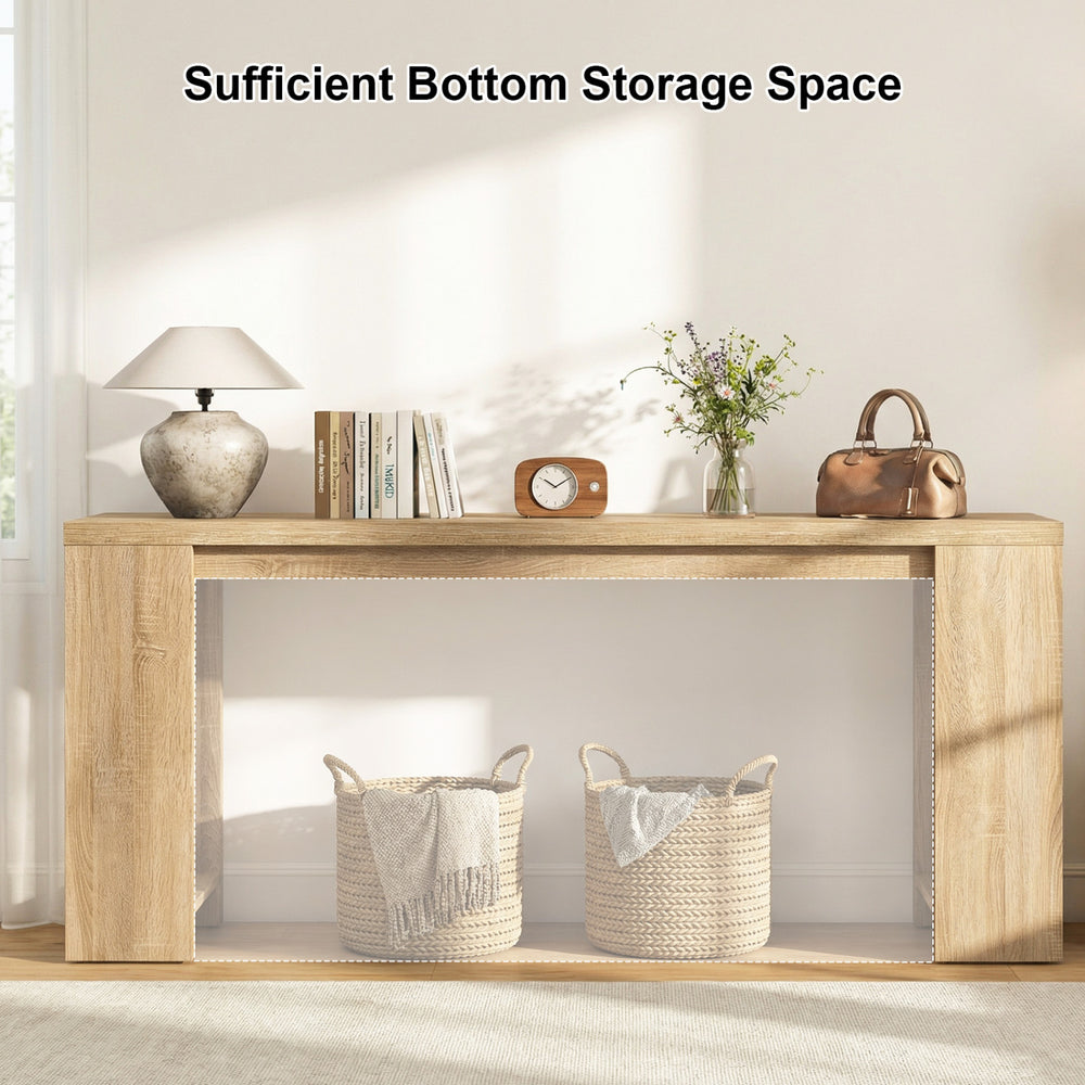 71-inch natural console table showcasing smooth wood grain, ample storage, and stable support for hallway organization.