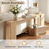 71-inch long console table with smooth wood grain, farmhouse style, and ample storage for hallway organization.