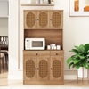 Pantry cabinet with hutch in natural finish, showcasing a large drawer, PE rattan doors, and adjustable shelving for.