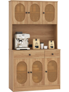 Pantry cabinet with hutch showcasing the natural wood finish and spacious interior, ideal for kitchen organization.