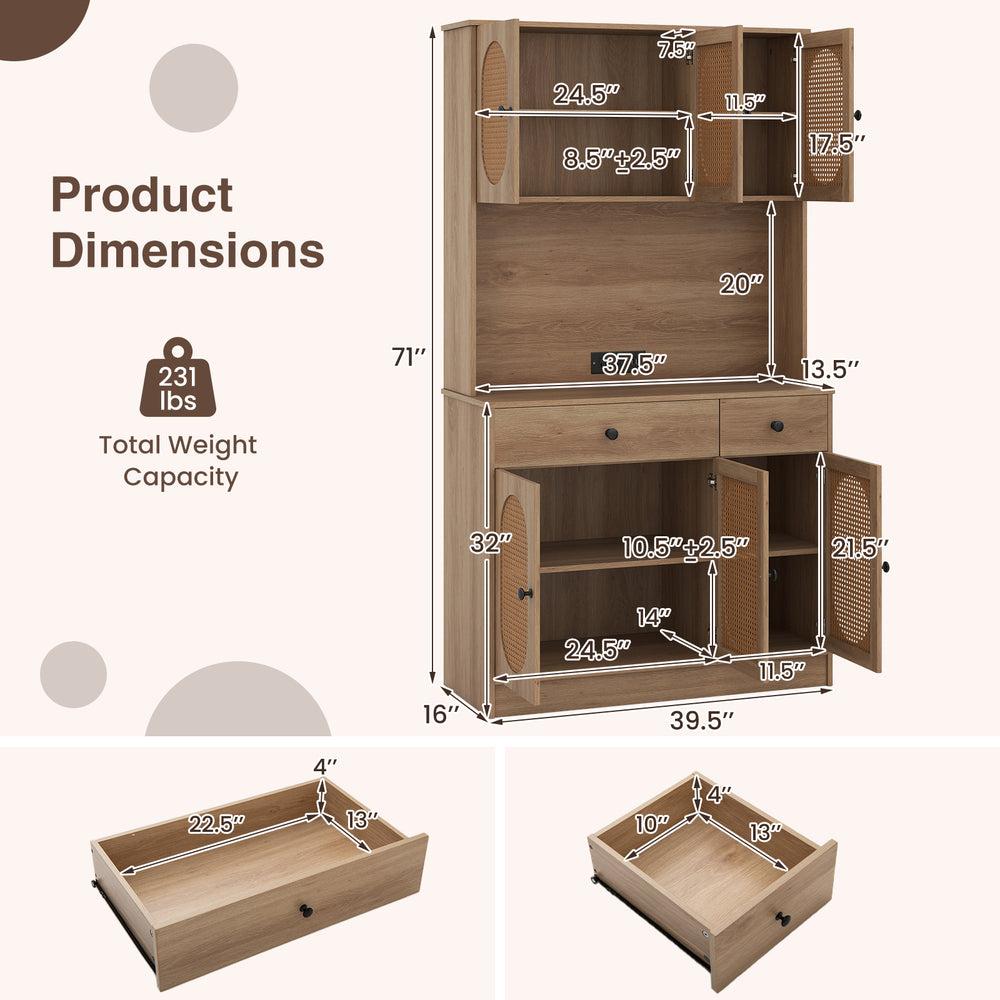 Dimensions of the 71-inch pantry cabinet with hutch, highlighting the 6-door design and adjustable shelves for.