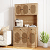 Natural 71-inch pantry cabinet with hutch showcasing the spacious storage area and unique PE rattan door design for.