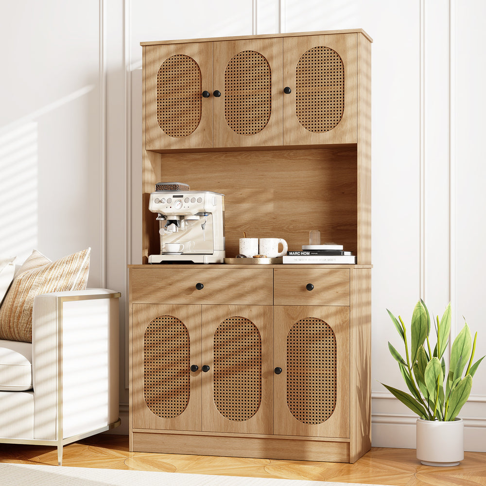 Natural 71-inch pantry cabinet with hutch showcasing the spacious storage area and unique PE rattan door design for.
