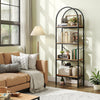 Four-tier arched bookcase in brown and black metal frame, perfect for organizing books and displaying decor in any room.