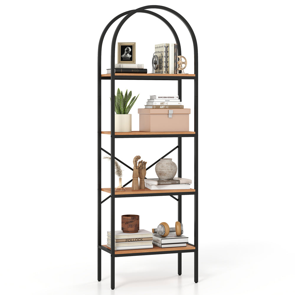 Four-tier arched bookcase in brown and black metal frame, perfect for organizing books and displaying decor in style.