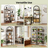 Four-tier arched bookcase with a metal frame in brown and black, perfect for organizing books and displaying decor.