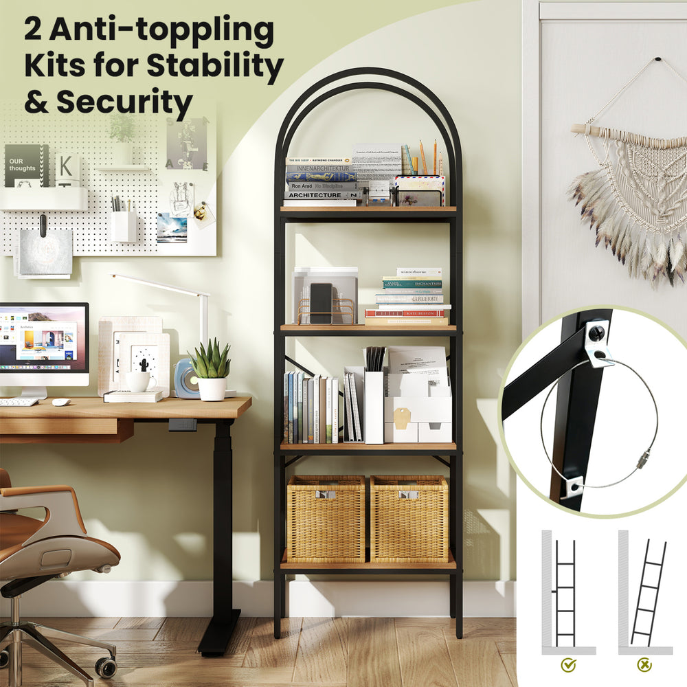 71" tall arched bookcase with a heavy-duty metal frame, featuring 4 tiers for books and storage in brown and black.