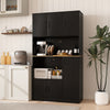 Tall black kitchen pantry cabinet with charging station, multi-door design, and sturdy construction for convenient.