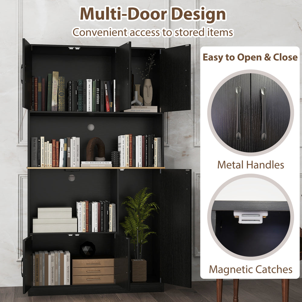 71" tall black kitchen pantry cabinet with multi-door design, metal handles, and built-in charging station for easy.
