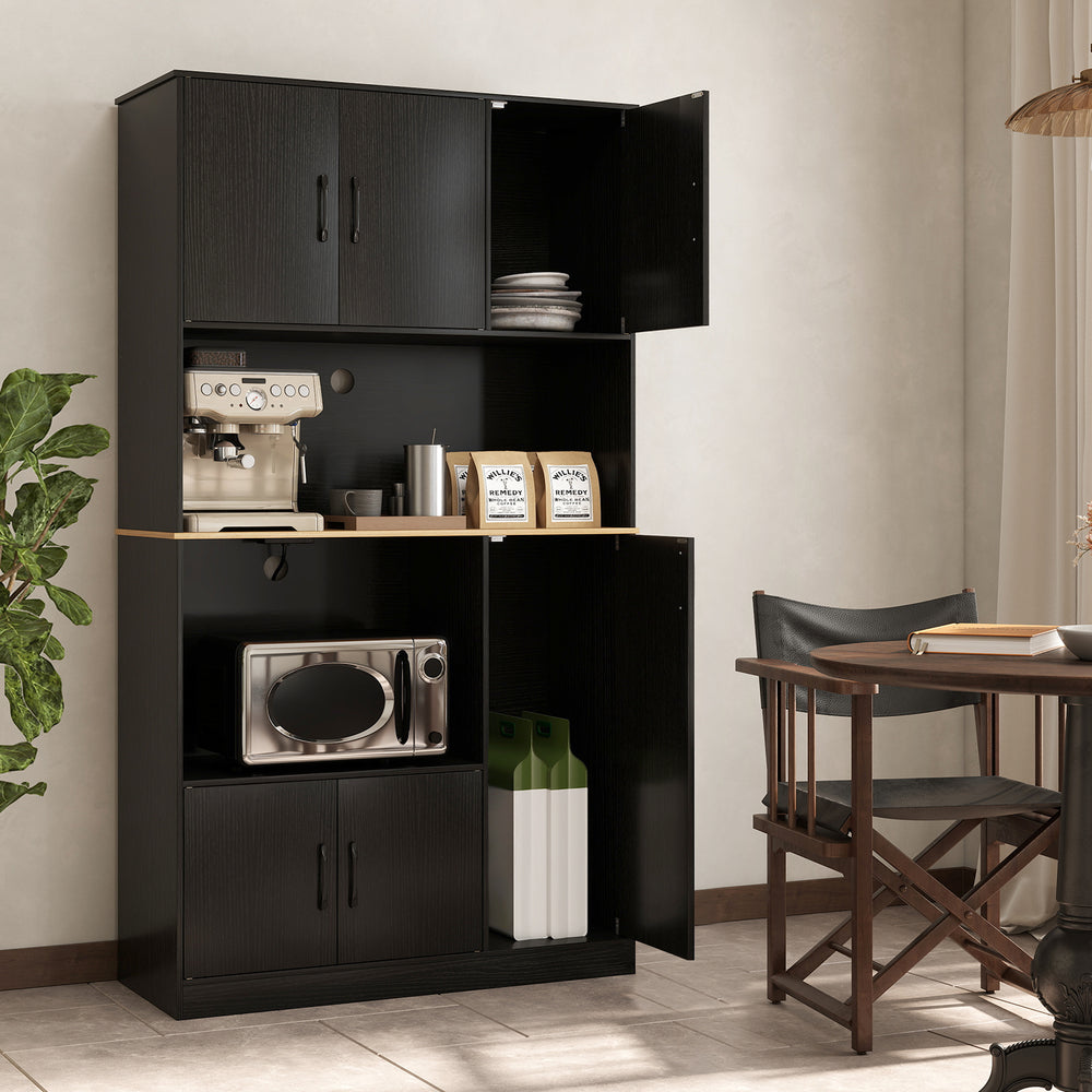 71" tall black kitchen pantry cabinet with multi-door design, built-in charging station, and sturdy construction for.
