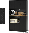 71" tall black kitchen pantry cabinet with built-in charging station, multi-door design, and sturdy construction for.