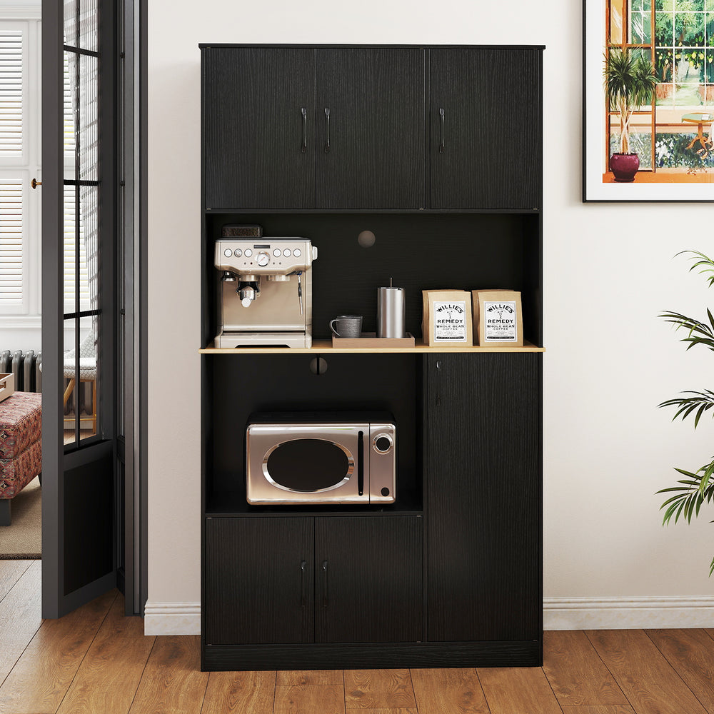 71" tall black kitchen pantry cabinet with charging station, multi-door design, and sturdy construction for reliable.