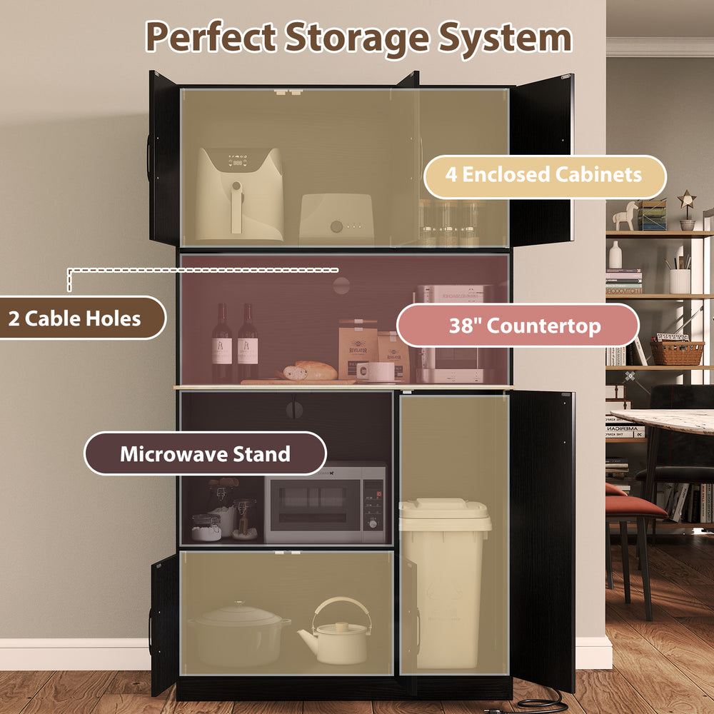 71" tall black kitchen pantry cabinet with 4 enclosed cabinets, built-in charging station, and microwave stand for.