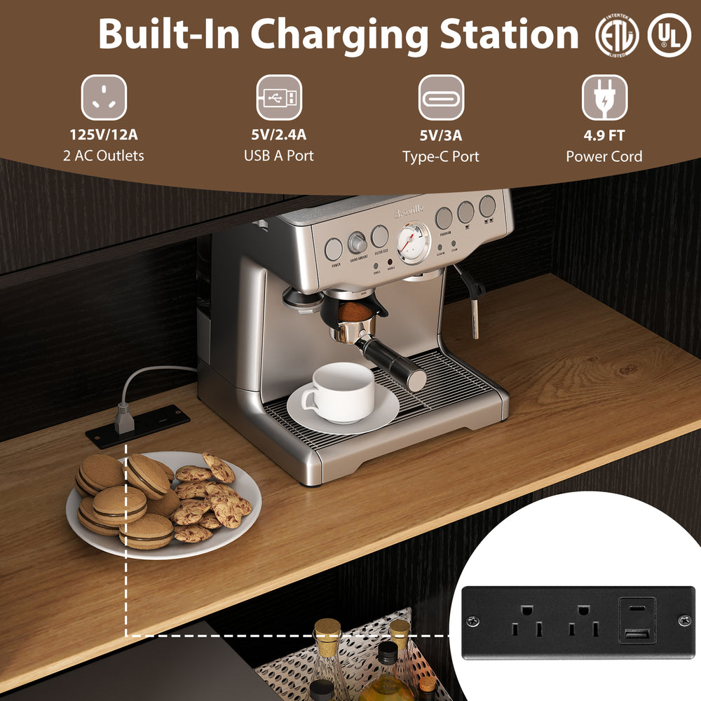 Wooden buffet cupboard with built-in charging station, featuring 2 AC outlets and USB ports for convenient access.