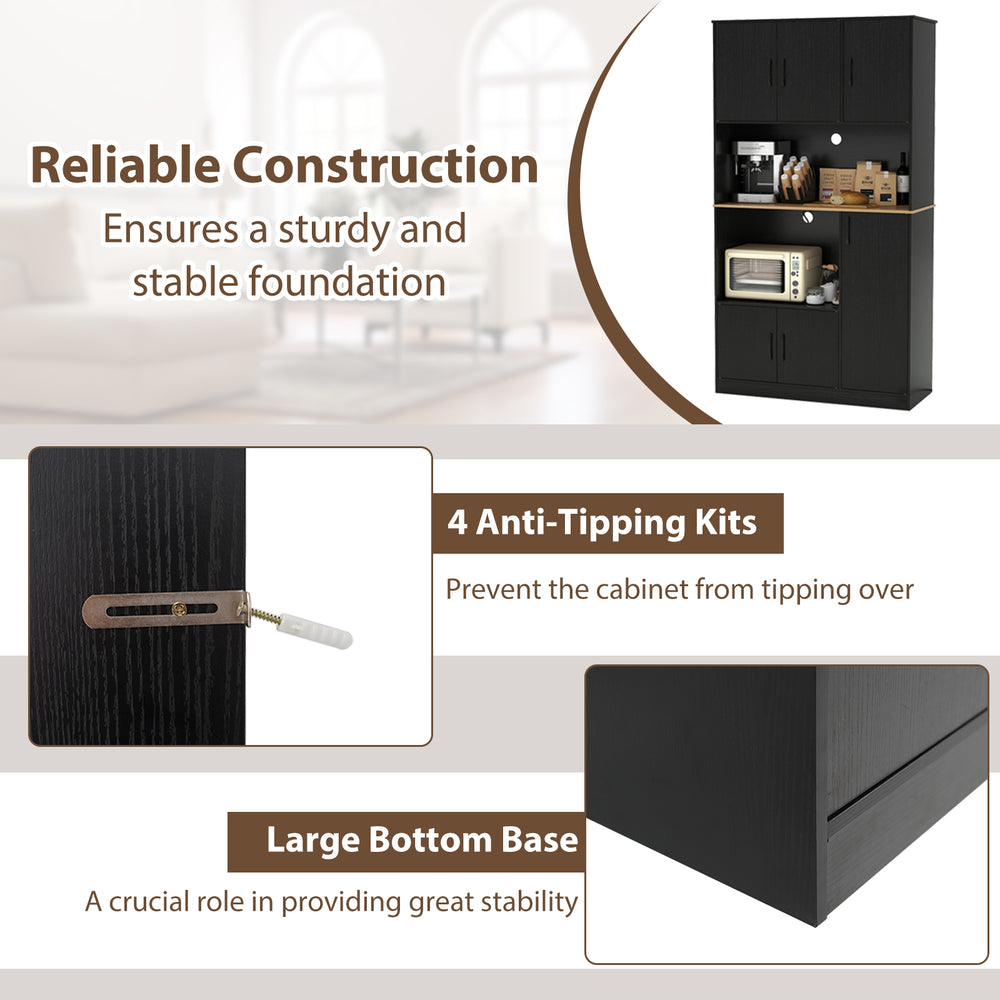 71" tall black kitchen pantry cabinet with built-in charging station and anti-tipping kits for stability and safety.