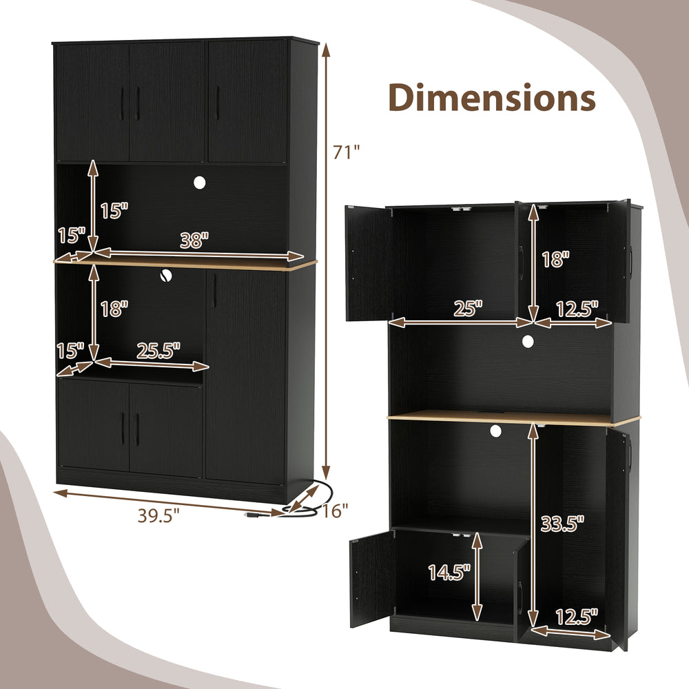 Dimensions of the 71" tall black kitchen pantry cabinet with charging station and multi-door design for convenient.