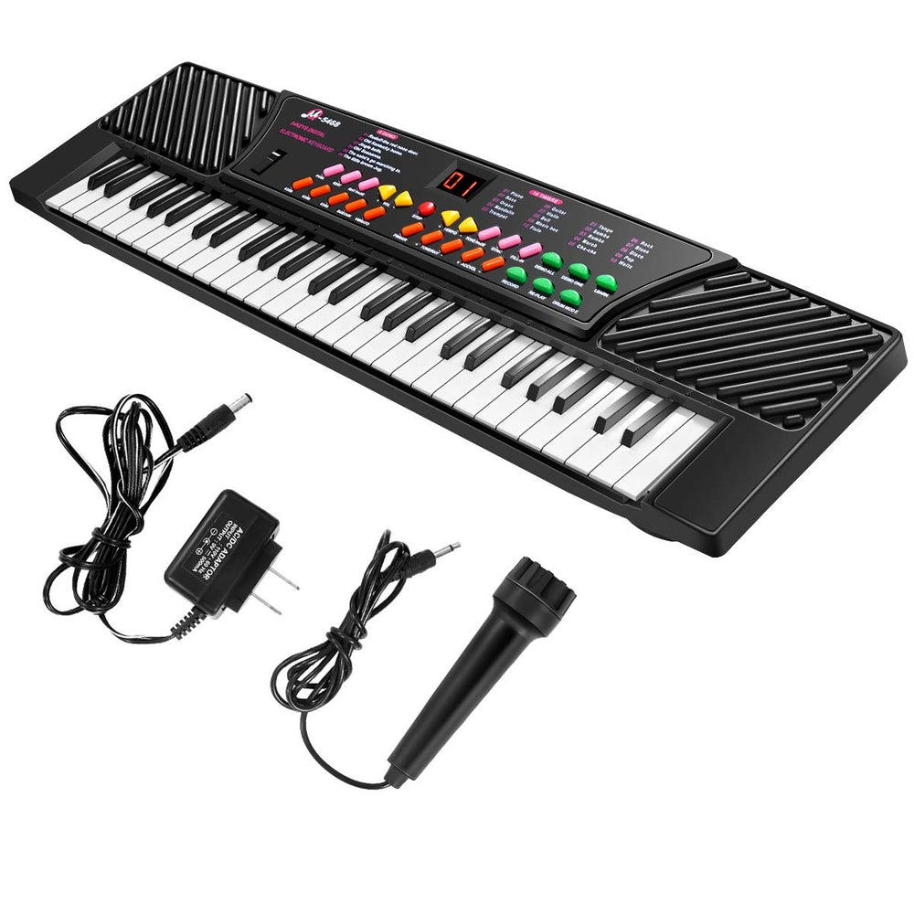 54-key kids electronic music piano with microphone, featuring 10 timbres and recording functions for beginner musicians.