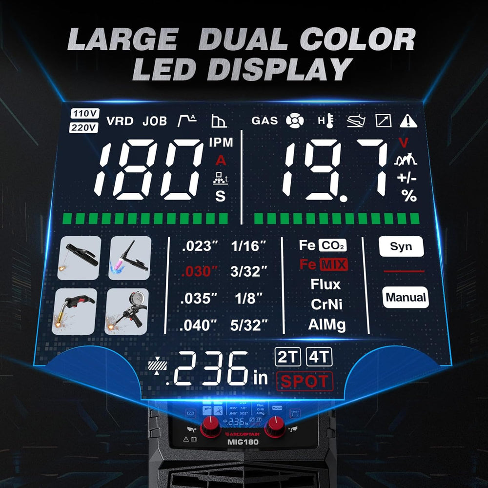 ARCCAPTAIN MIG180 MIG Welder 2T/4T 110V 220V LED Display 6-in-1 Welding Machine