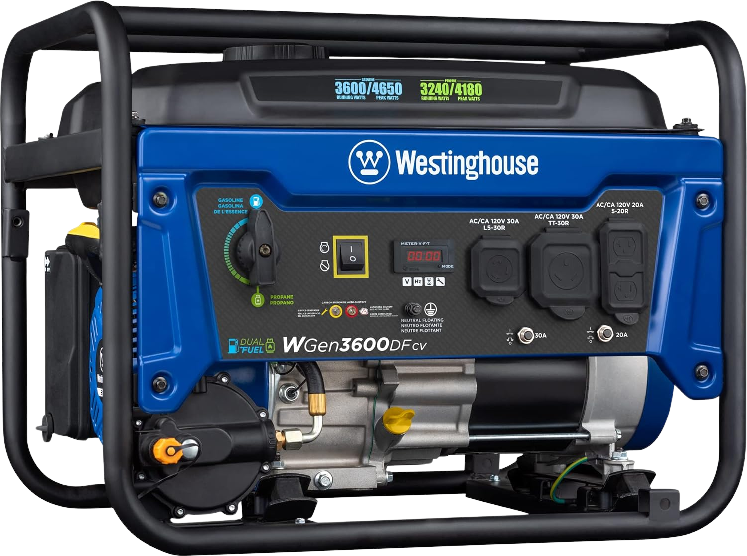 Westinghouse WGen3600DFcv Generator 3600W/4650W 30 Amp Recoil Start Dual Fuel with CO Sensor New