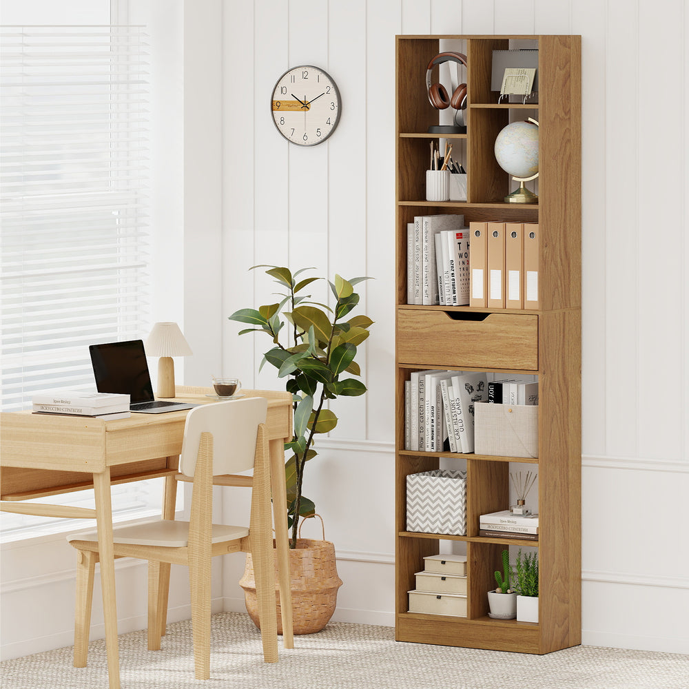 Freestanding 71-inch tall bookcase in natural finish with 10 open cubes and a large drawer for organized storage.