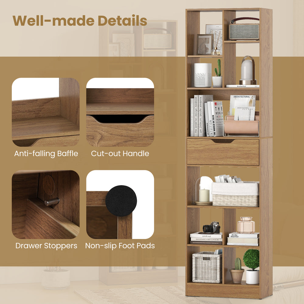 Freestanding 71-inch tall bookcase with 10 open cubes and a drawer, featuring anti-fall guard and cut-out handle for.