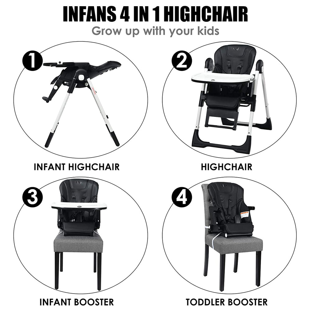 4-in-1 high chair in black with adjustable height, recline, and removable tray for versatile baby feeding and play.