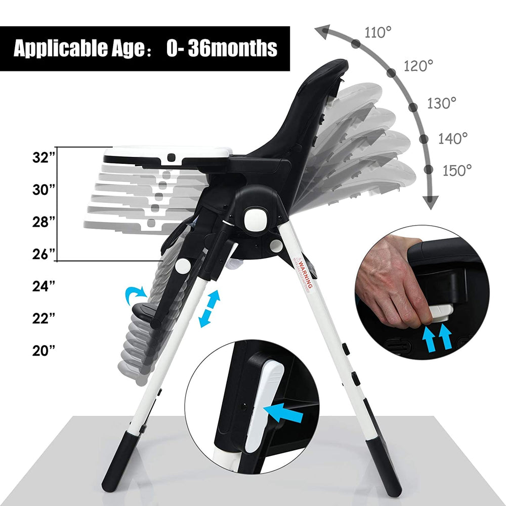 Adjustable black high chair with 7 height positions and 5 recline settings, designed for infants up to 36 months.