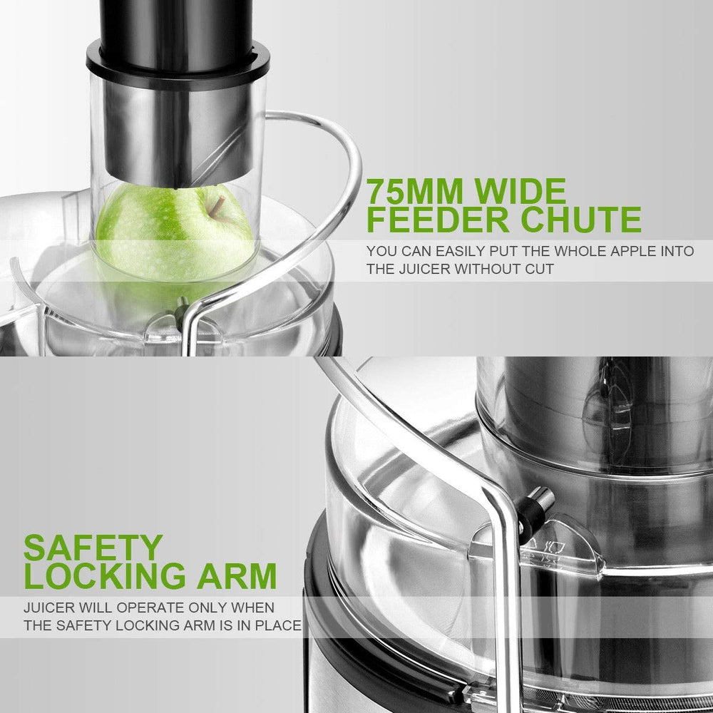 75mm wide feeder chute for whole fruits, featuring a safety locking arm for secure juicing operation.
