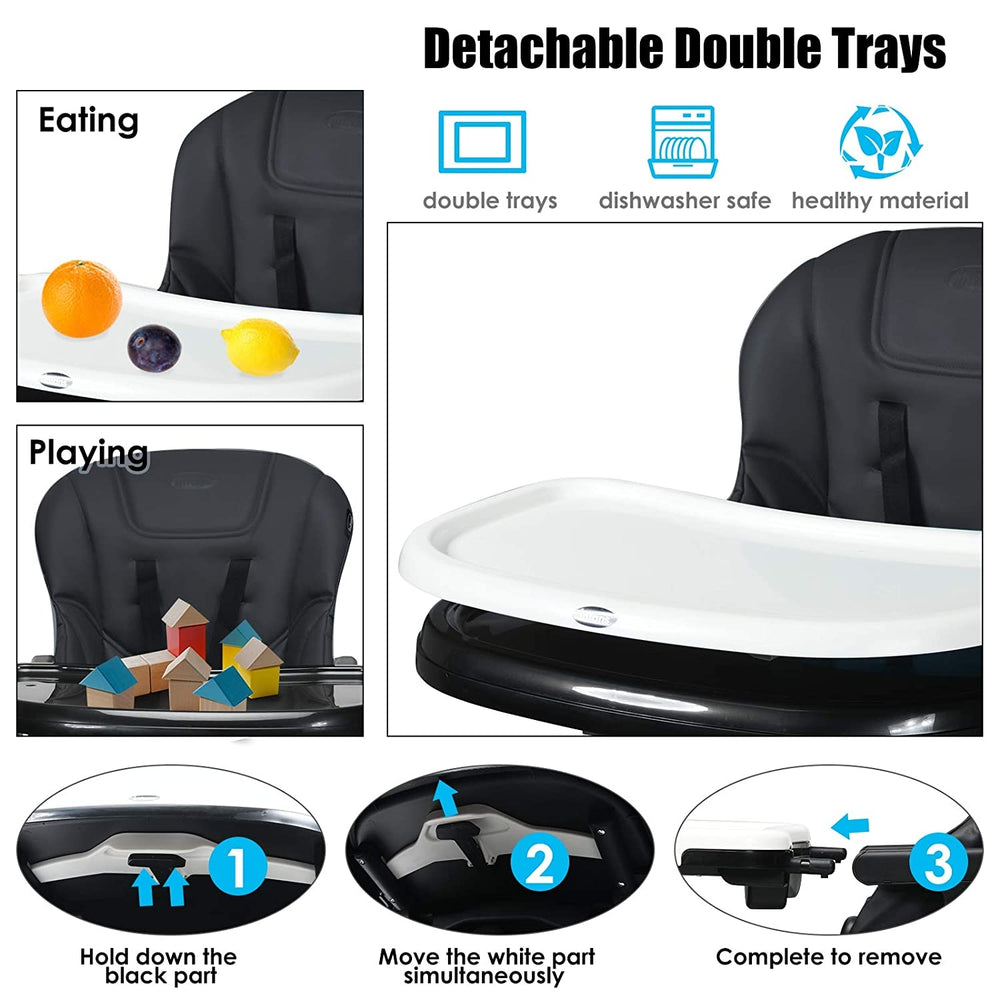 Detachable double trays of the 4-in-1 high chair in black, ideal for feeding and playing, with adjustable height and.