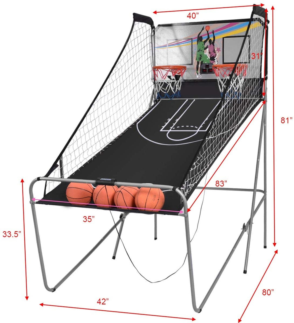 Foldable double electronic basketball game displaying dimensions with two hoops and four balls for competitive indoor.