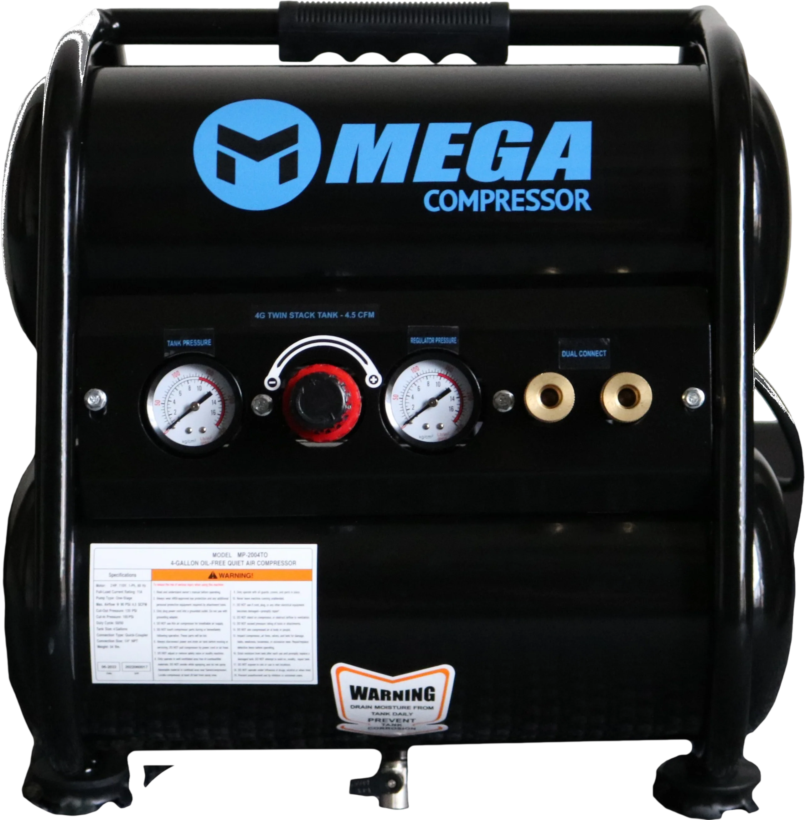 Mega Compressor MP-2004TO Electric Air Compressor 4 Gal. 2 HP 135 PSI Silent Oil-Free New