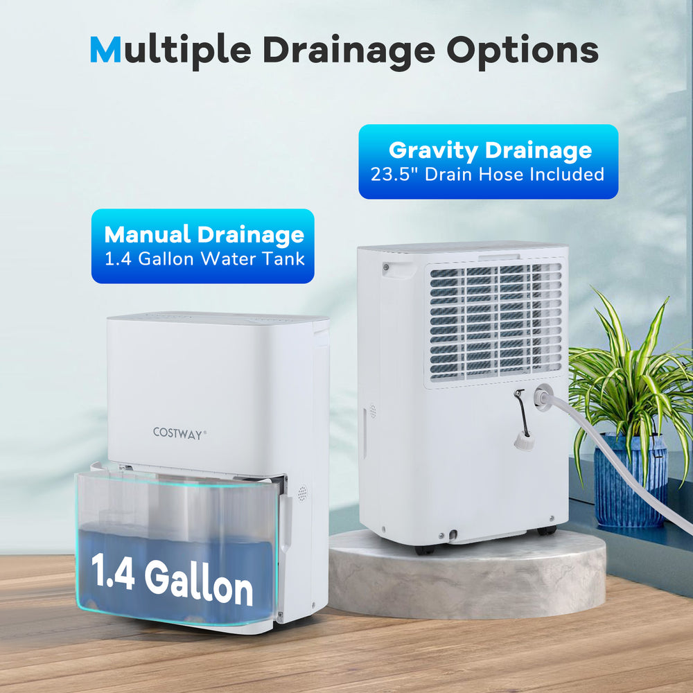 65 pints dehumidifier showcasing 1.4-gallon water tank and multiple drainage options for efficient humidity control.