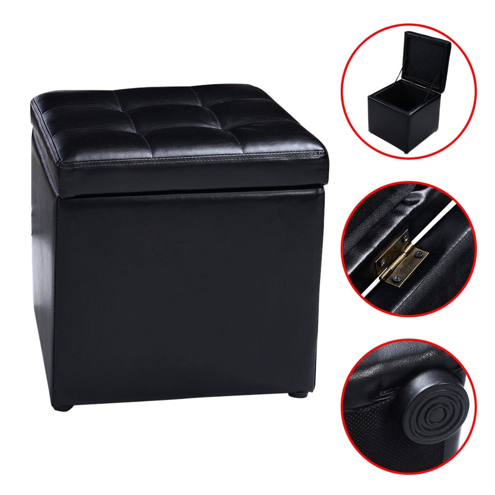 Black foldable cube ottoman pouffe with cushioned top, ideal for storage of toys and accessories.