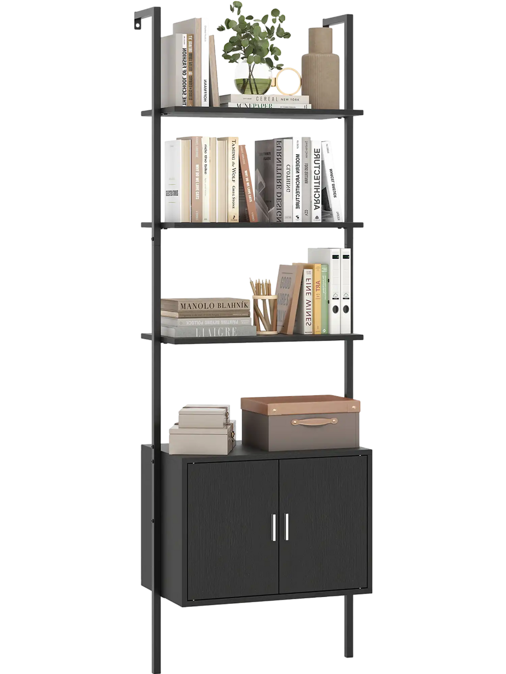 Tall black bookshelf with metal frame, featuring open shelves and a cabinet for ample storage in any room.